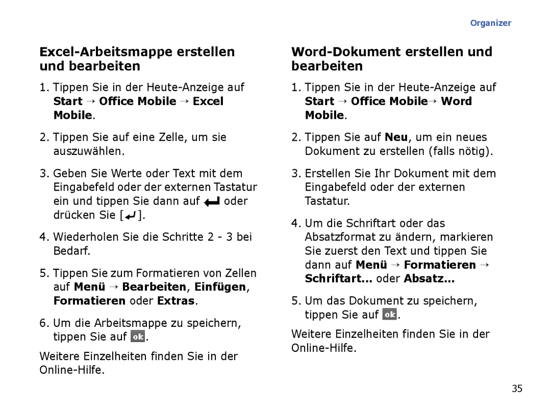 Samsung SGH-I780ZKAVD2, SGH-I780ZKNVD2 Excel-Arbeitsmappe erstellen und bearbeiten, Word-Dokument erstellen und bearbeiten 