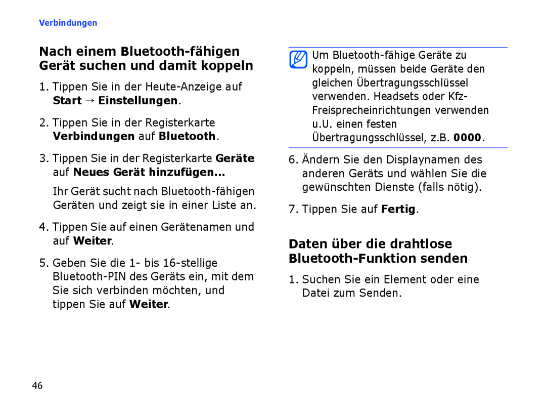 Samsung SGH-I780ZKNVD2, SGH-I780ZKADBT manual Daten über die drahtlose Bluetooth-Funktion senden, Tippen Sie auf Fertig 