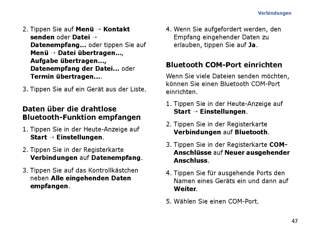 Samsung SGH-I780ZKADBT manual Daten über die drahtlose Bluetooth-Funktion empfangen, Bluetooth COM-Port einrichten 