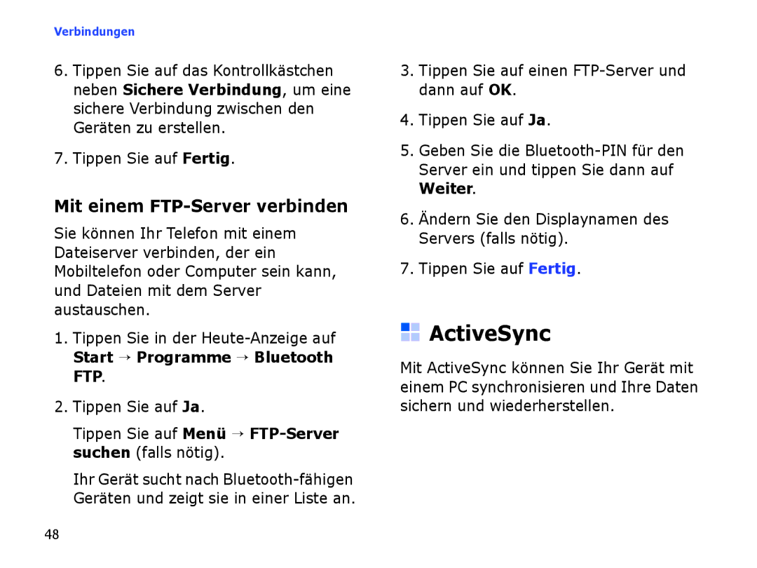 Samsung SGH-I780ZKCDBT, SGH-I780ZKNVD2, SGH-I780ZKADBT, SGH-I780ZKAVD2 manual ActiveSync, Mit einem FTP-Server verbinden 
