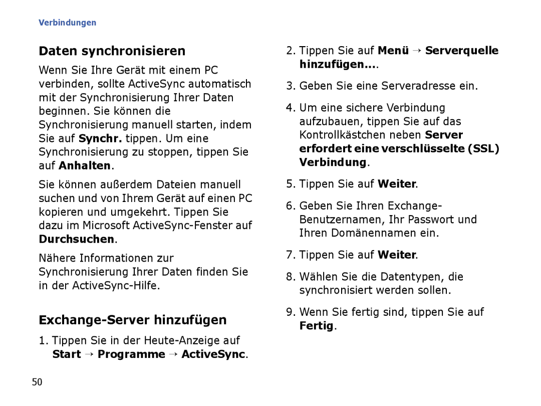 Samsung SGH-I780ZKAXEG, SGH-I780ZKNVD2, SGH-I780ZKADBT, SGH-I780ZKCDBT Daten synchronisieren, Exchange-Server hinzufügen 