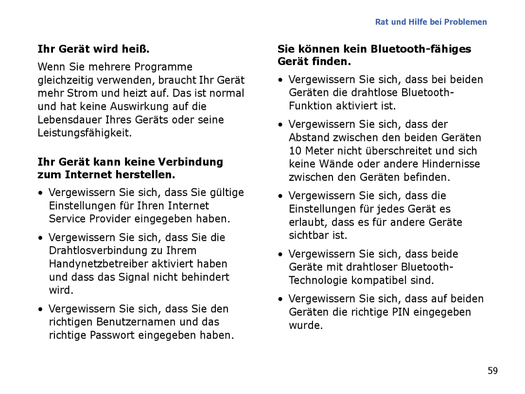 Samsung SGH-I780ZKNDBT, SGH-I780ZKNVD2 manual Ihr Gerät wird heiß, Ihr Gerät kann keine Verbindung zum Internet herstellen 