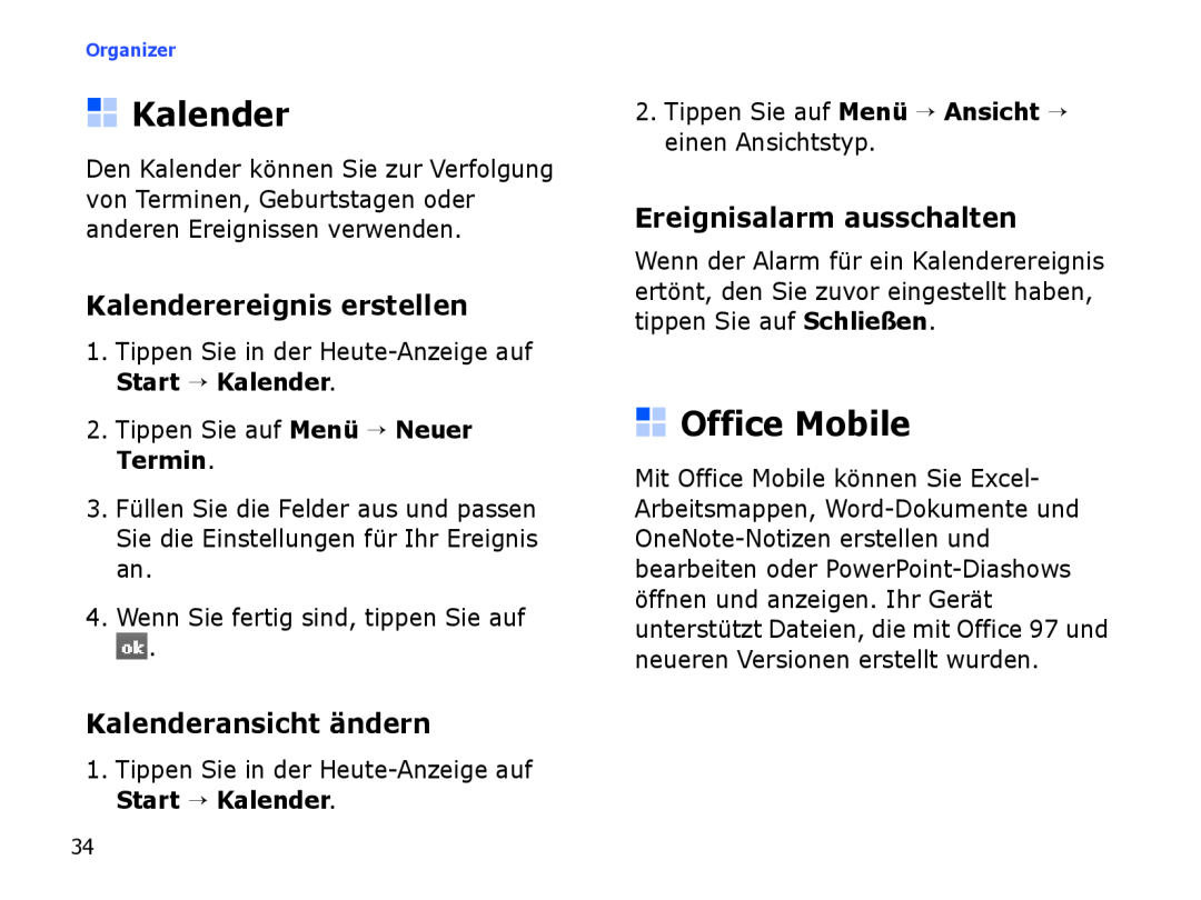 Samsung SGH-I780ZKCDBT Office Mobile, Kalenderereignis erstellen, Kalenderansicht ändern, Ereignisalarm ausschalten 