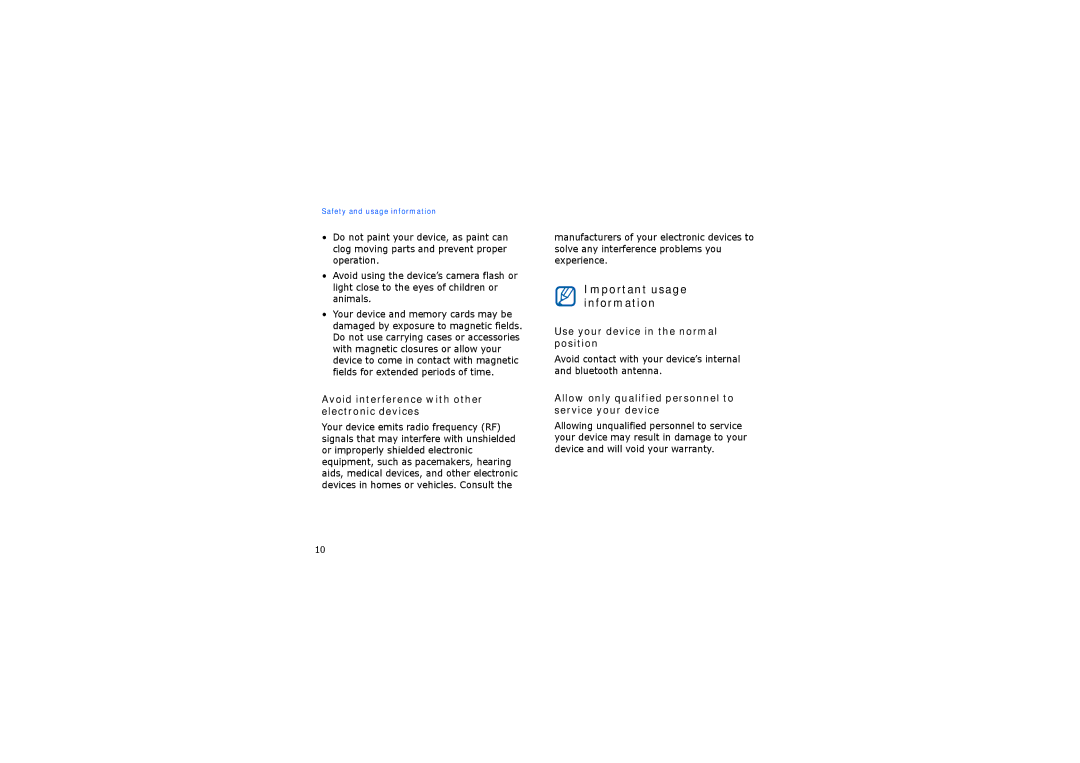 Samsung SGH-I900XKDARB, SGH-I900XKATUR manual Important usage information, Avoid interference with other electronic devices 