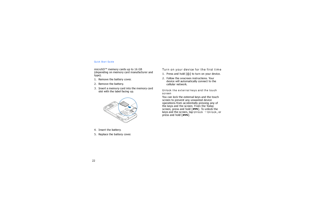 Samsung SGH-I900XKBABS manual Turn on your device for the first time, Unlock the external keys and the touch screen 