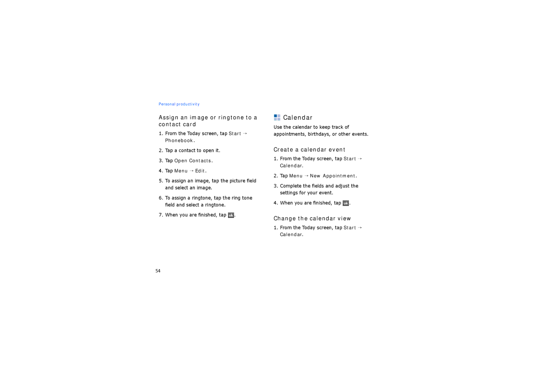 Samsung SGH-I900HKBVTL, SGH-I900XKATUR Calendar, Assign an image or ringtone to a contact card, Create a calendar event 