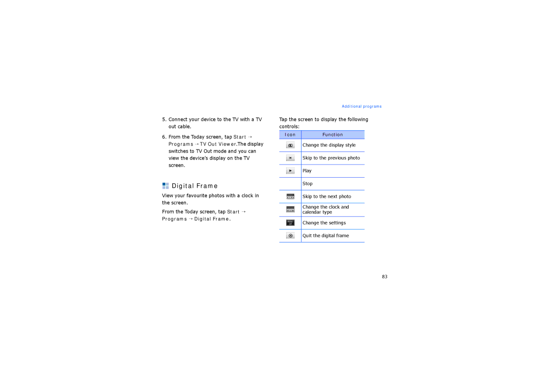 Samsung SGH-I900CWAXEV, SGH-I900XKATUR, SGH-I900XKAMMC, SGH-I900XKAXFA, SGH-I900XKMXSG manual Programs → Digital Frame 