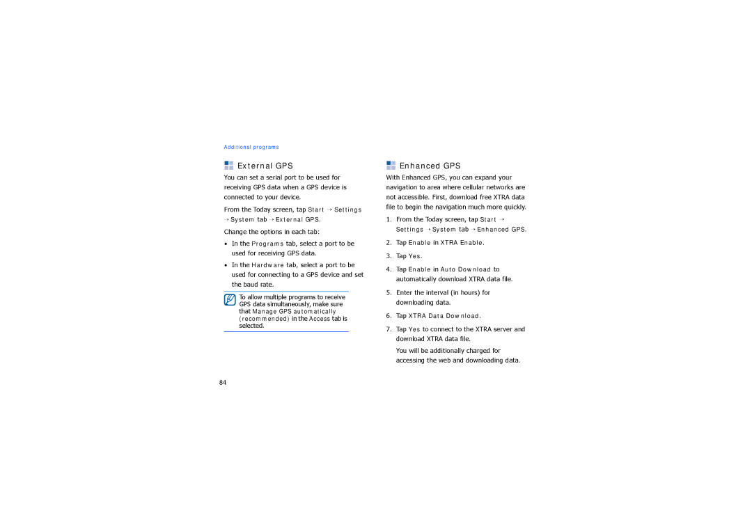 Samsung SGH-I900CWBPHU, SGH-I900XKATUR manual External GPS, Enhanced GPS, Tap Enable in Xtra Enable, Tap Xtra Data Download 