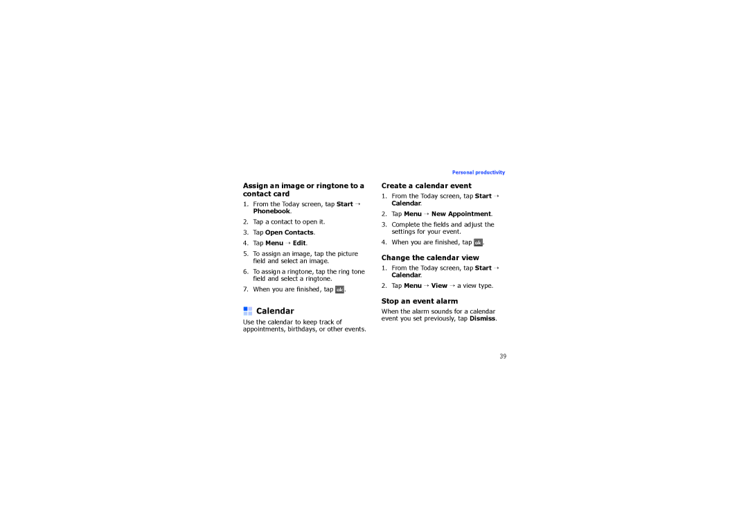 Samsung SGH-I900ZVBITV, SGH-I900XKBAUT Calendar, Assign an image or ringtone to a contact card, Create a calendar event 