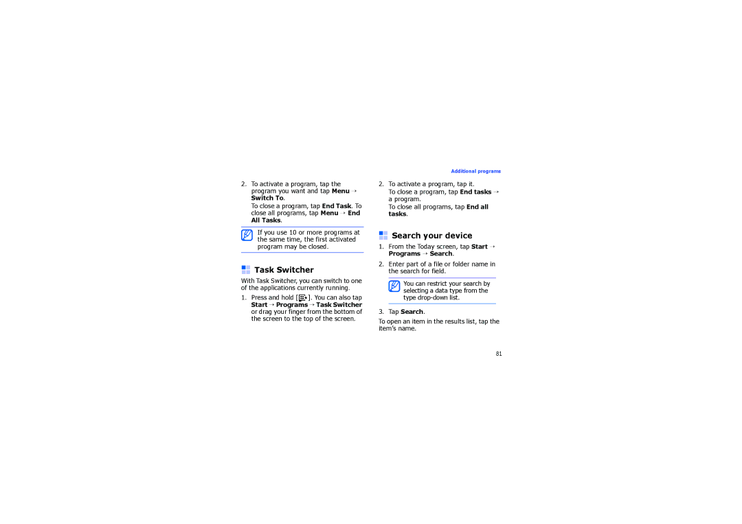 Samsung SGH-I900XKDDBT, SGH-I900XKBIRD, SGH-I900XKDKBN, SGH-I900XKBKBN manual Task Switcher, Search your device, Tap Search 
