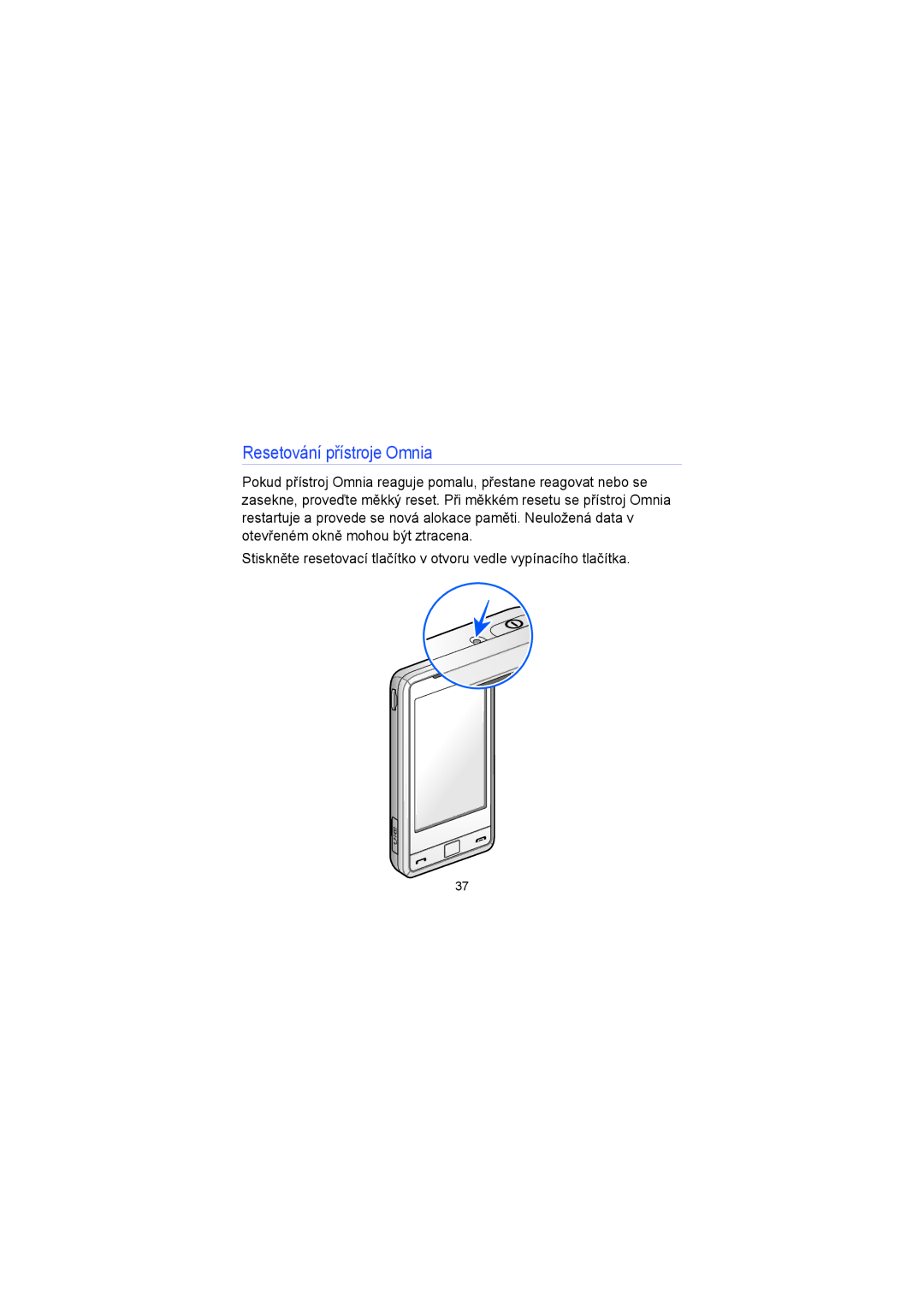 Samsung SGH-I900XKDKBN, SGH-I900XKBIRD, SGH-I900XKDDBT, SGH-I900XKBKBN, SGH-I900XKAKBN manual Resetování přístroje Omnia 