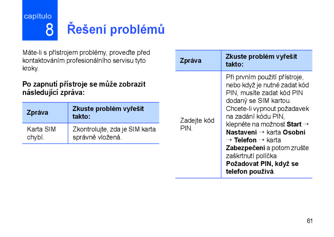 Samsung SGH-I900XKBIRD, SGH-I900XKDKBN, SGH-I900XKDDBT, SGH-I900XKBKBN, SGH-I900XKAKBN, SGH-I900XKAPGS manual Řešení problémů 