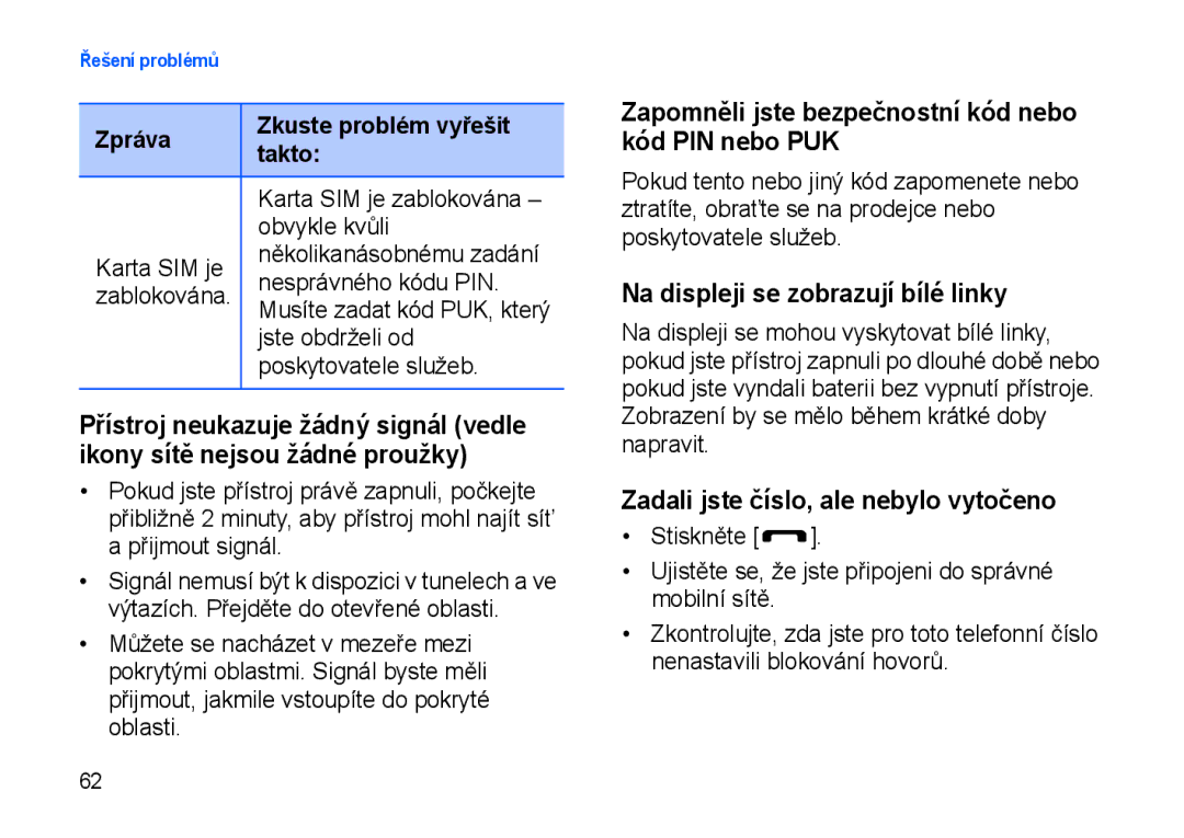 Samsung SGH-I900XKDKBN manual Zapomněli jste bezpečnostní kód nebo kód PIN nebo PUK, Zpráva Zkuste problém vyřešit Takto 