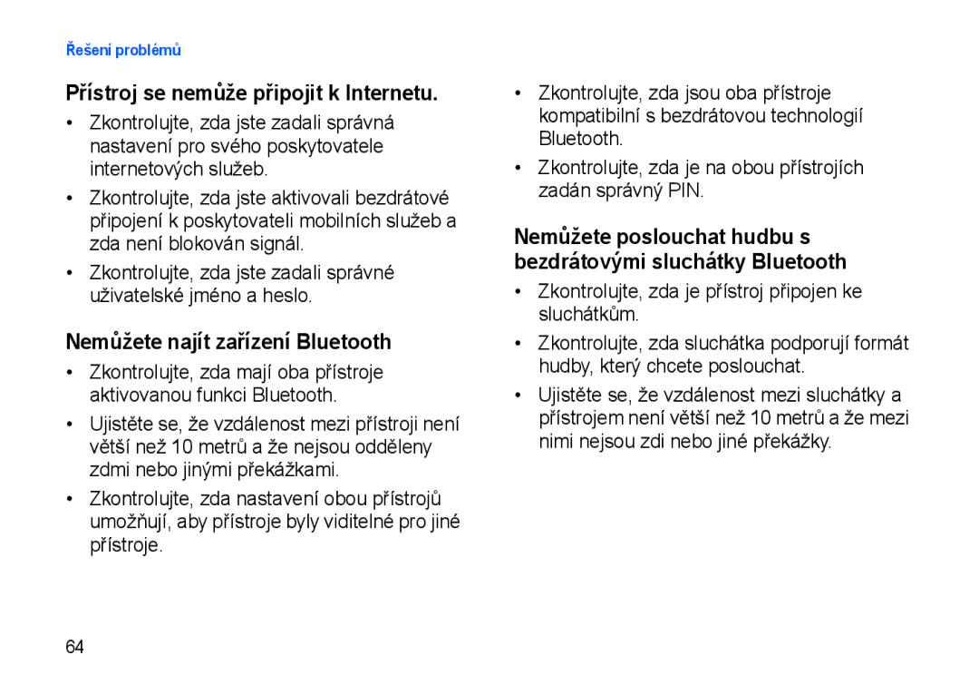 Samsung SGH-I900XKBKBN, SGH-I900XKBIRD, SGH-I900XKDKBN, SGH-I900XKDDBT manual Přístroj se nemůže připojit k Internetu 