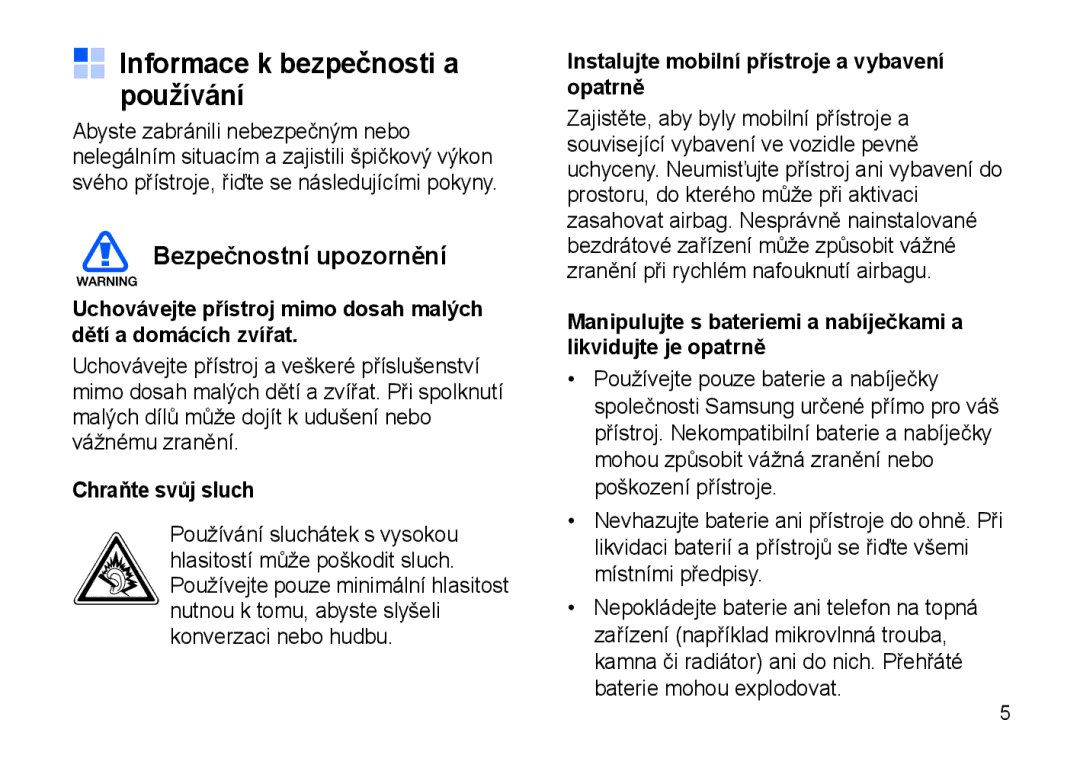 Samsung SGH-I900XKDETL, SGH-I900XKBIRD Informace k bezpečnosti a používání, Bezpečnostní upozornění, Chraňte svůj sluch 