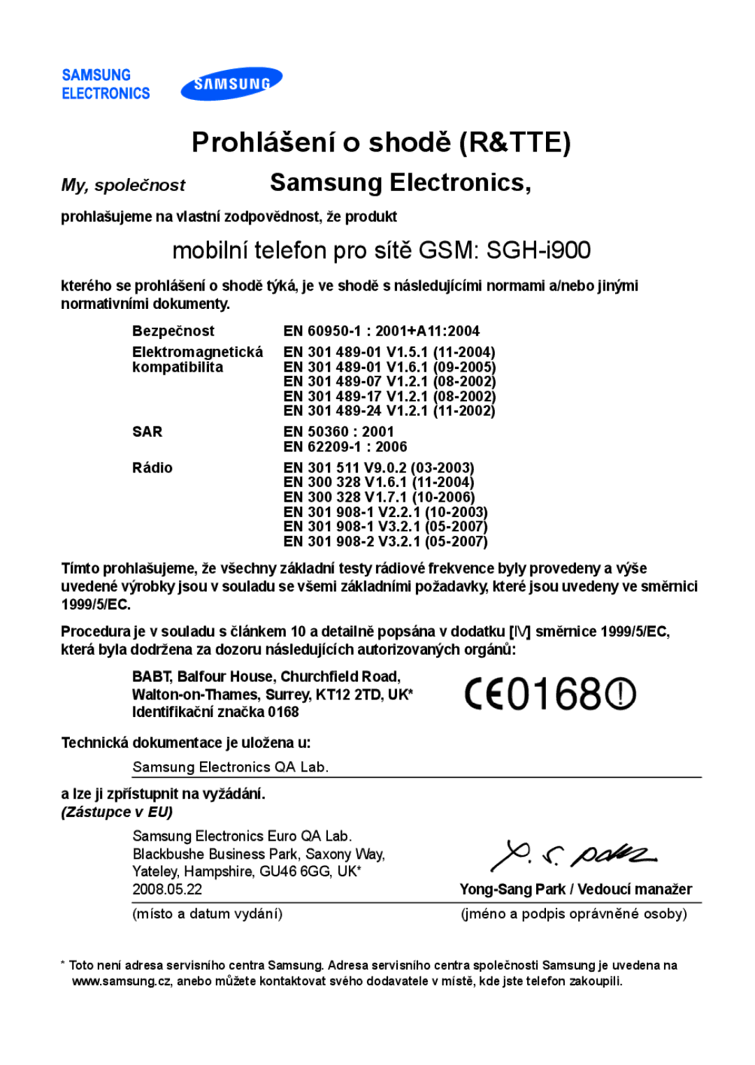 Samsung SGH-I900XKDETL, SGH-I900XKBIRD, SGH-I900XKDKBN, SGH-I900XKDDBT manual Prohlášení o shodě R&TTE, Samsung Electronics 