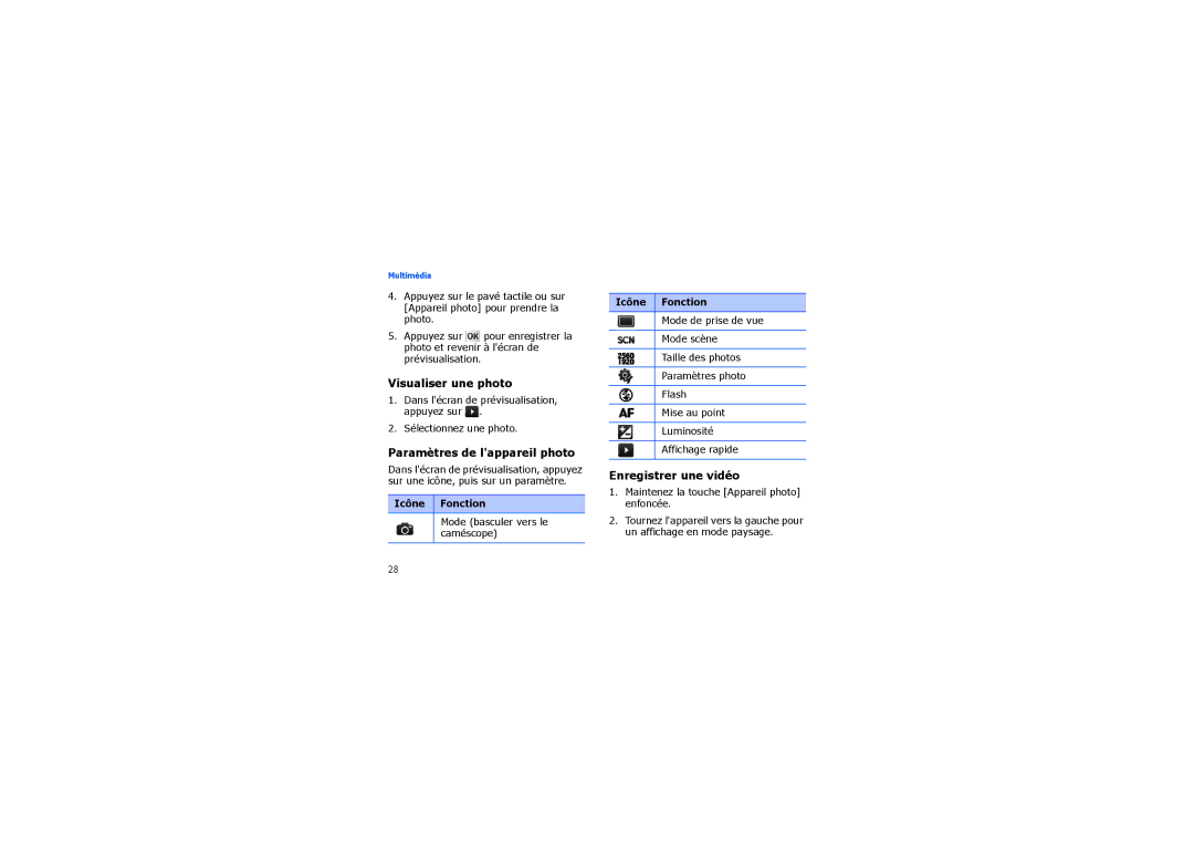 Samsung SGH-I900XKBXEF manual Visualiser une photo, Paramètres de lappareil photo, Enregistrer une vidéo, Icône Fonction 