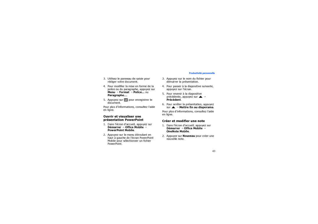 Samsung SGH-I900XKDBOG, SGH-I900XKBXEF manual Ouvrir et visualiser une présentation PowerPoint, Créer et modifier une note 