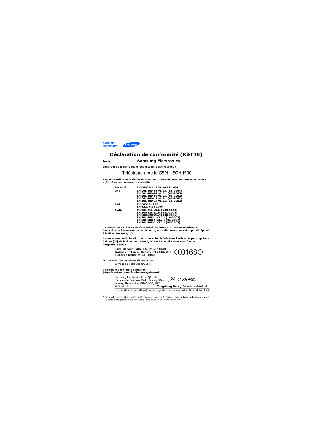 Samsung SGH-I900XKVSFR, SGH-I900XKBXEF, SGH-I900ZKVSFR, SGH-I900XKDXEF, SGH-I900ZKWSFR manual Déclaration de conformité R&TTE 