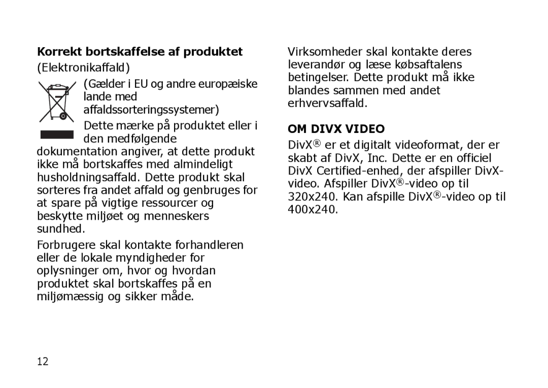 Samsung SGH-I900XKMXEE, SGH-I900XKAXEE manual Korrekt bortskaffelse af produktet, OM Divx Video 