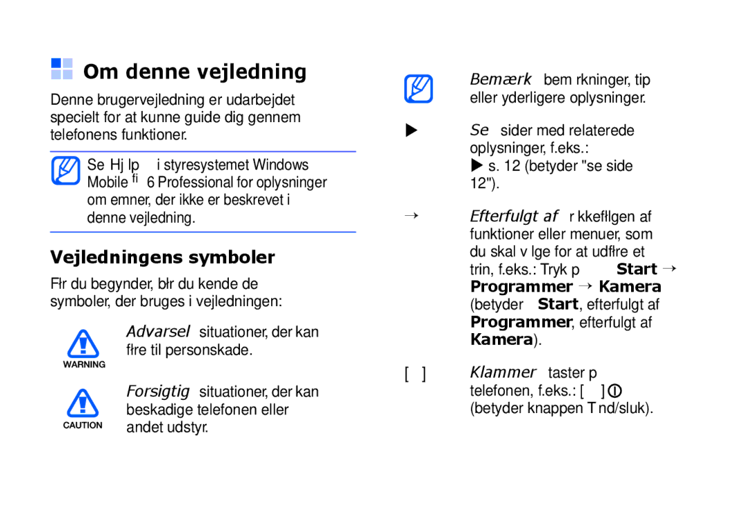 Samsung SGH-I900XKMXEE, SGH-I900XKAXEE manual Om denne vejledning, Vejledningens symboler 