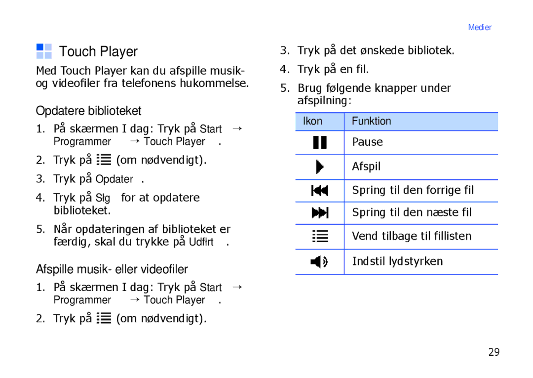 Samsung SGH-I900XKAXEE, SGH-I900XKMXEE manual Touch Player, Opdatere biblioteket, Afspille musik- eller videofiler 
