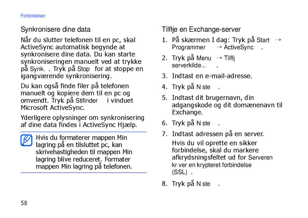 Samsung SGH-I900XKMXEE, SGH-I900XKAXEE manual Synkronisere dine data, Tilføje en Exchange-server 