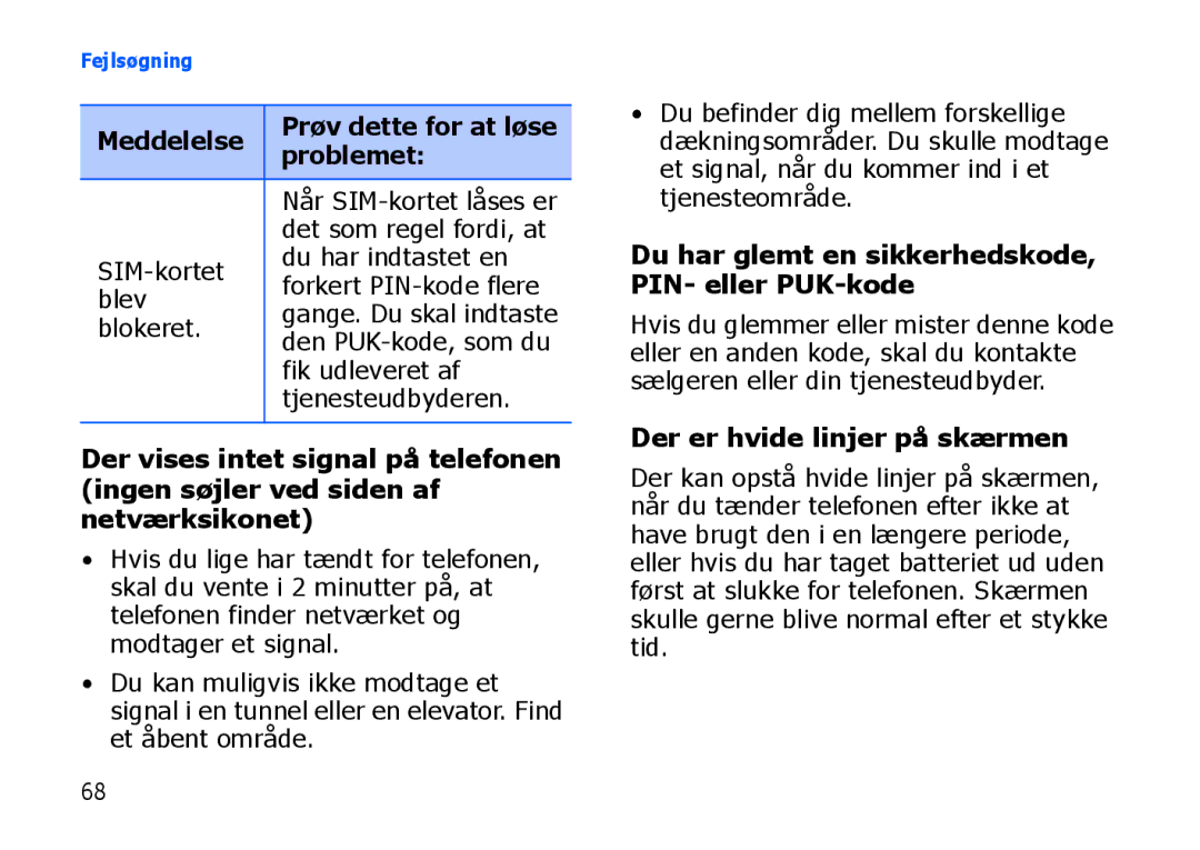 Samsung SGH-I900XKMXEE, SGH-I900XKAXEE manual Der er hvide linjer på skærmen, Meddelelse Prøv dette for at løse Problemet 