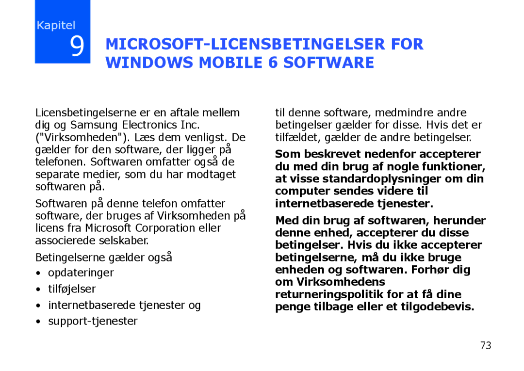 Samsung SGH-I900XKAXEE, SGH-I900XKMXEE manual MICROSOFT-LICENSBETINGELSER for Windows Mobile 6 Software 