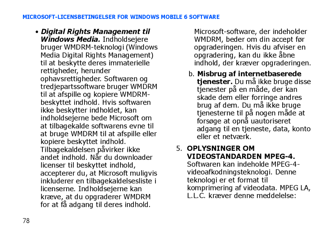 Samsung SGH-I900XKMXEE, SGH-I900XKAXEE manual MICROSOFT-LICENSBETINGELSER for Windows Mobile 6 Software 