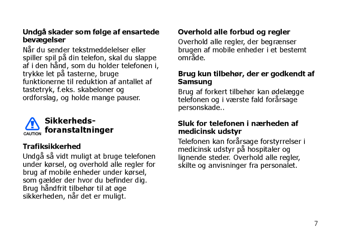 Samsung SGH-I900XKAXEE, SGH-I900XKMXEE manual Sikkerheds- foranstaltninger 