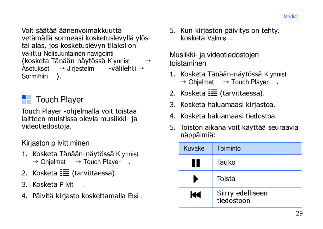 Samsung SGH-I900XKAXEE, SGH-I900XKMXEE Touch Player, Kirjaston päivittäminen, Musiikki- ja videotiedostojen toistaminen 