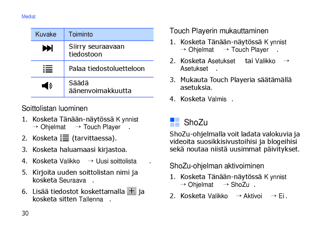 Samsung SGH-I900XKMXEE manual Soittolistan luominen, Touch Playerin mukauttaminen, ShoZu-ohjelman aktivoiminen 