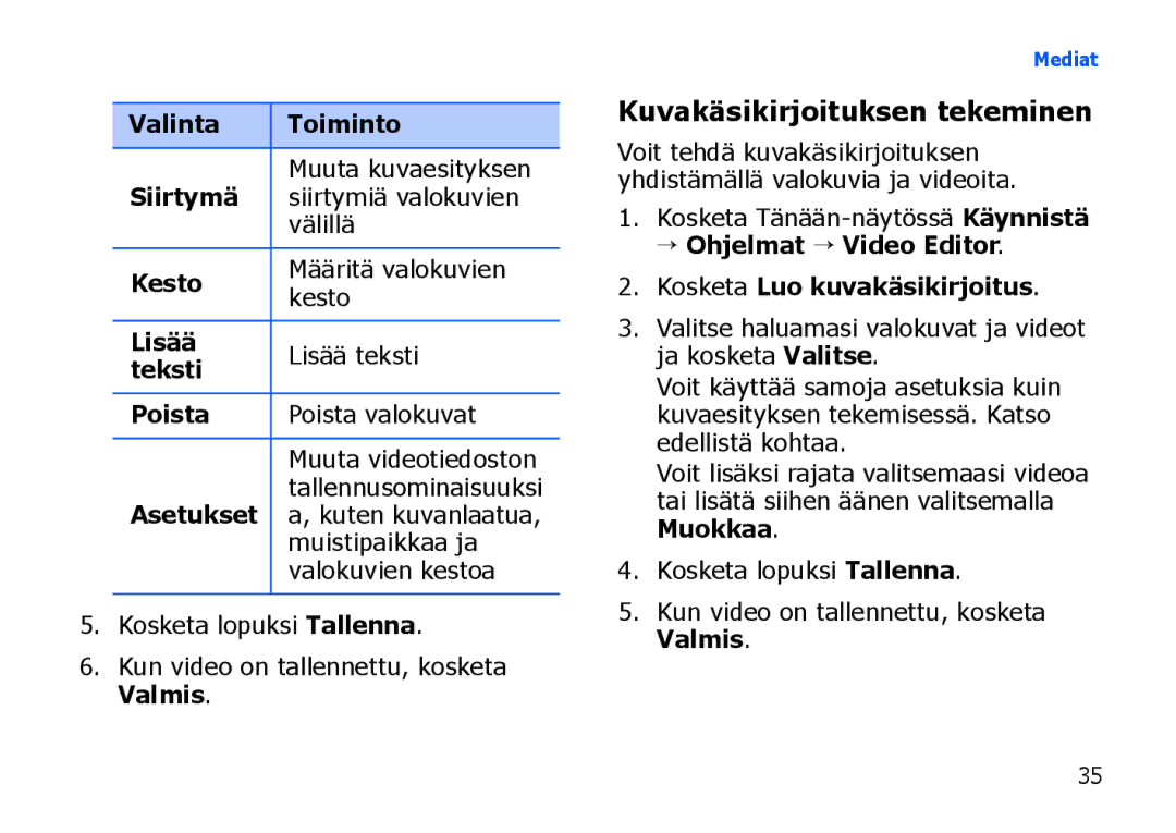 Samsung SGH-I900XKAXEE, SGH-I900XKMXEE manual Kuvakäsikirjoituksen tekeminen 