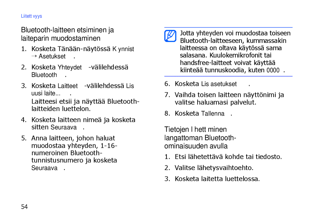 Samsung SGH-I900XKMXEE, SGH-I900XKAXEE Bluetooth-laitteen etsiminen ja laiteparin muodostaminen, Kosketa Lisäasetukset 