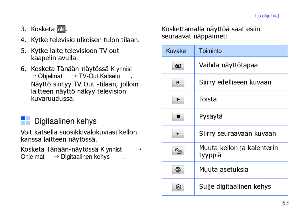 Samsung SGH-I900XKAXEE, SGH-I900XKMXEE manual Digitaalinen kehys, → Ohjelmat → TV-Out Katselu 