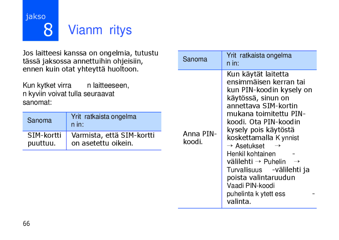 Samsung SGH-I900XKMXEE Vianmääritys, Sanoma Yritä ratkaista ongelma Näin, → Asetukset →, Henkilökohtainen, Vaadi PIN-koodi 