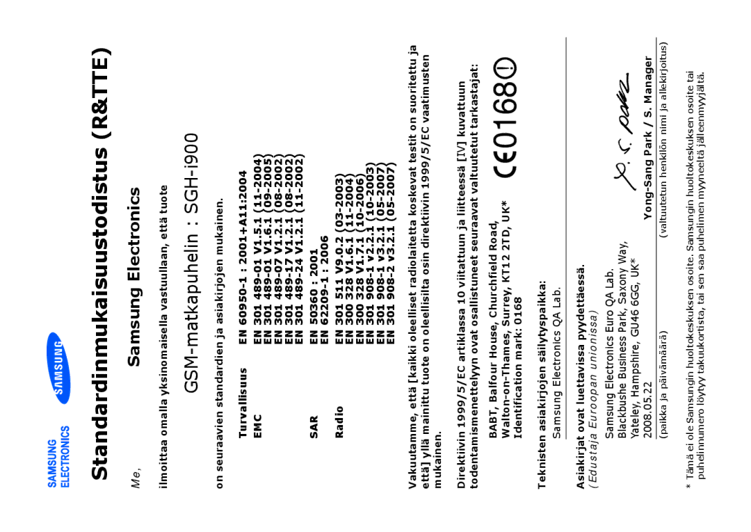 Samsung SGH-I900XKAXEE, SGH-I900XKMXEE manual Standardinmukaisuustodistus R&TTE, GSM-matkapuhelin SGH-i900 