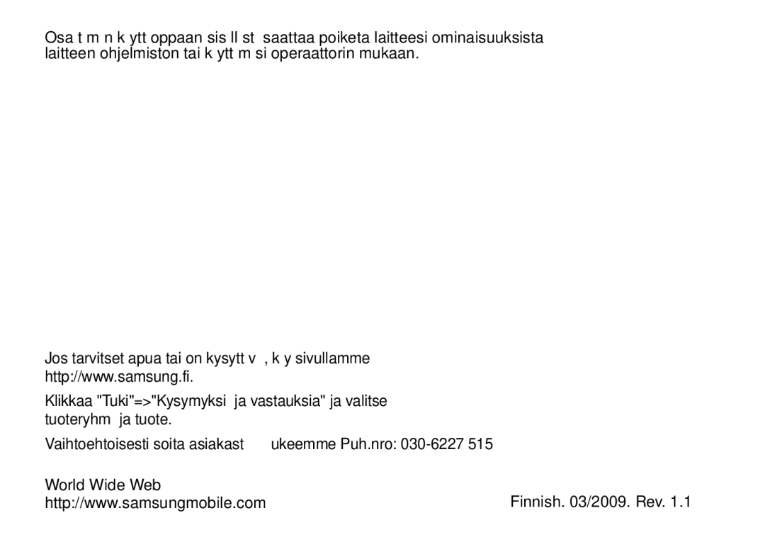 Samsung SGH-I900XKMXEE, SGH-I900XKAXEE manual Finnish /2009. Rev 