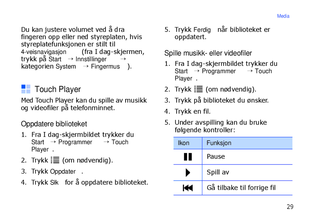 Samsung SGH-I900XKAXEE manual Touch Player, Oppdatere biblioteket, Spille musikk- eller videofiler, Trykk Oppdater 