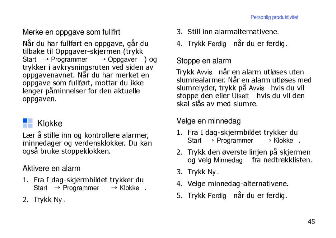 Samsung SGH-I900XKAXEE manual Klokke, Merke en oppgave som fullført, Aktivere en alarm, Stoppe en alarm, Velge en minnedag 