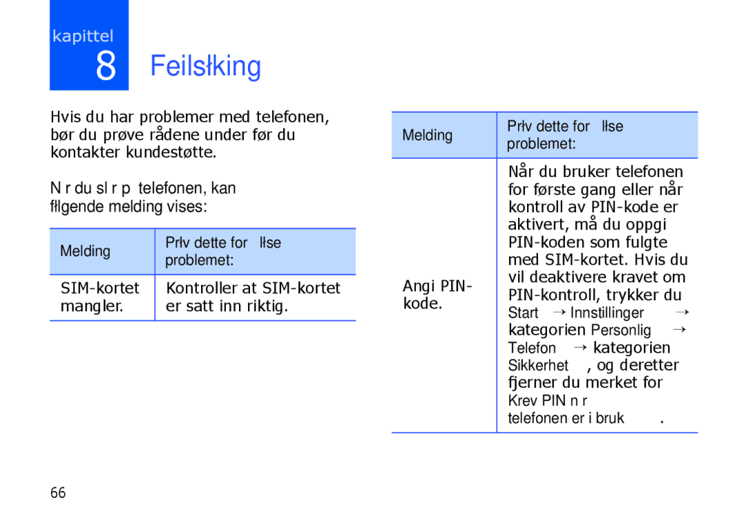 Samsung SGH-I900XKMXEE Feilsøking, Når du slår på telefonen, kan følgende melding vises, Krev PIN når, Telefonen er i bruk 