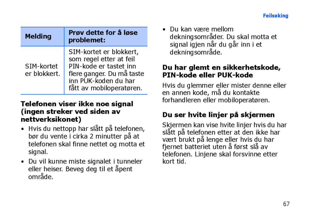 Samsung SGH-I900XKAXEE, SGH-I900XKMXEE manual Du ser hvite linjer på skjermen, Melding Prøv dette for å løse Problemet 