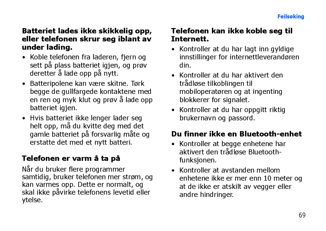 Samsung SGH-I900XKAXEE, SGH-I900XKMXEE manual Telefonen er varm å ta på, Telefonen kan ikke koble seg til Internett 