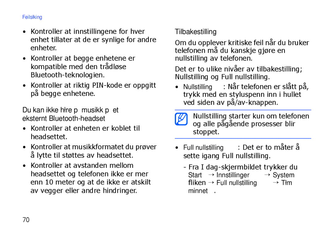 Samsung SGH-I900XKMXEE, SGH-I900XKAXEE manual Du kan ikke høre på musikk på et eksternt Bluetooth-headset, Tilbakestilling 