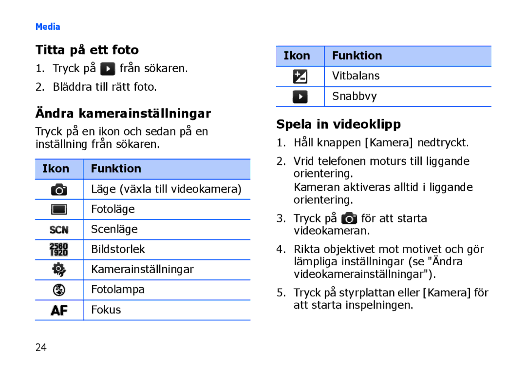 Samsung SGH-I900XKMXEE, SGH-I900XKAXEE Titta på ett foto, Ändra kamerainställningar, Spela in videoklipp, Ikon Funktion 