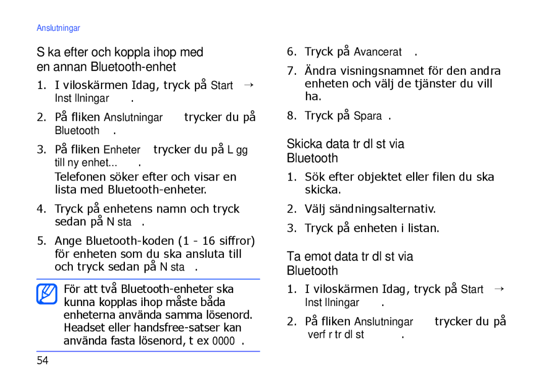 Samsung SGH-I900XKMXEE, SGH-I900XKAXEE manual Skicka data trådlöst via Bluetooth, Ta emot data trådlöst via Bluetooth 