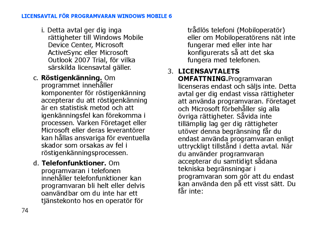 Samsung SGH-I900XKMXEE, SGH-I900XKAXEE manual Licensavtal FÖR Programvaran Windows Mobile 