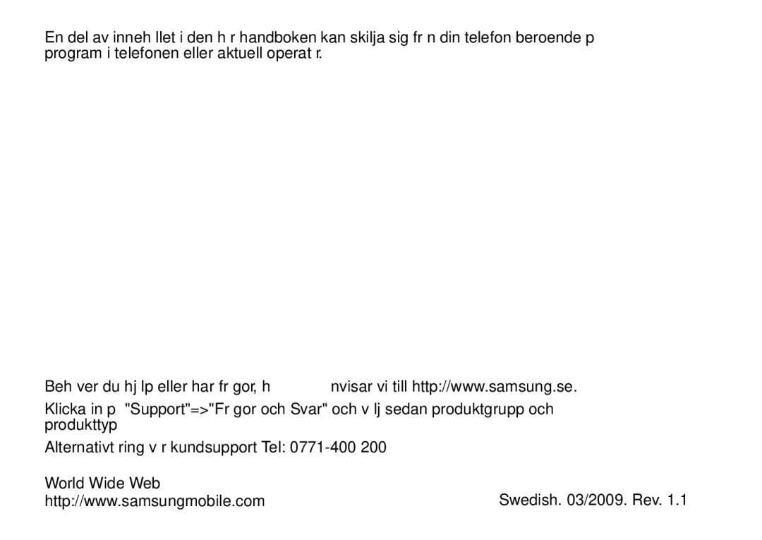 Samsung SGH-I900XKMXEE, SGH-I900XKAXEE manual Swedish /2009. Rev 