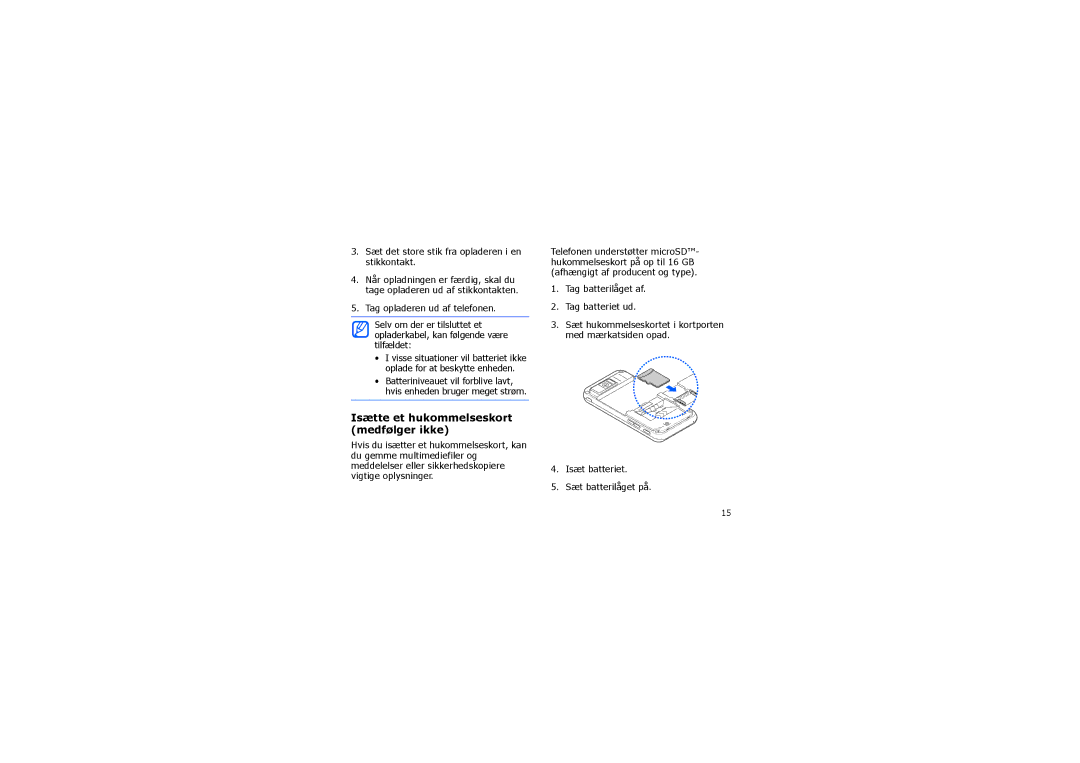 Samsung SGH-I900XKAXEE, SGH-I900XKMXEE manual Isætte et hukommelseskort medfølger ikke 